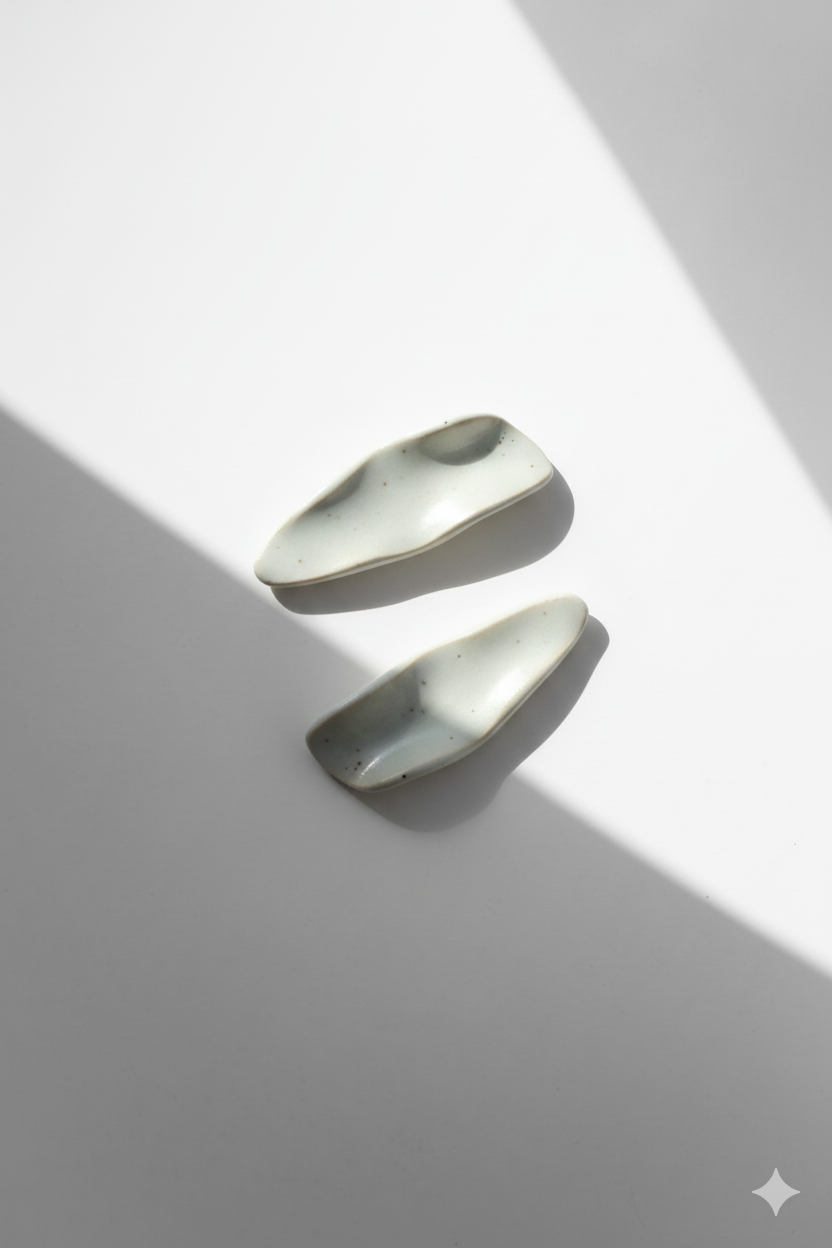 Galini ceramic statement earrings in white, handmade with organic wave-like form, shown in soft natural light and shadow