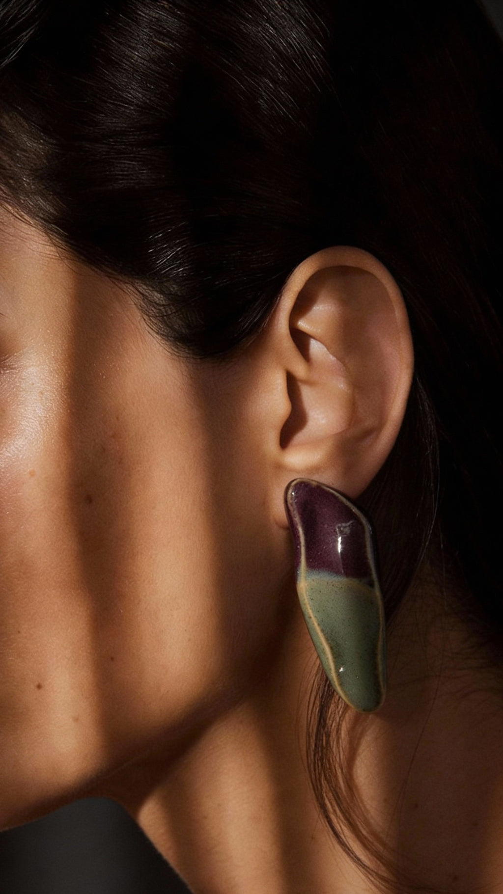 Riza ceramic luxury statement earrings in green and plum gradient lifestyle