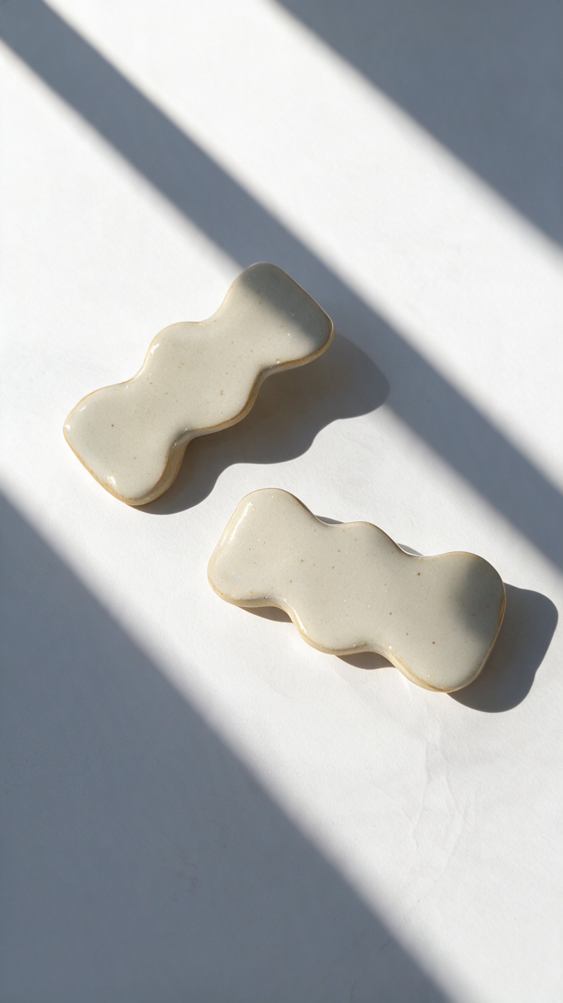 Two handmade ceramic jewelry with white white glaze and speckles, displayed diagonally on a white surface with dramatic window shadow patterns.