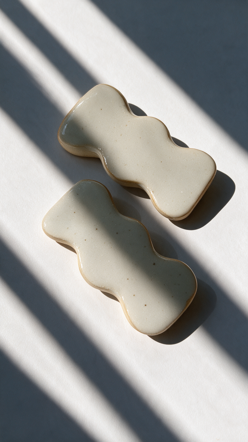 Two handmade ceramic jewelry with white white glaze and speckles, displayed diagonally on a white surface with dramatic window shadow patterns.